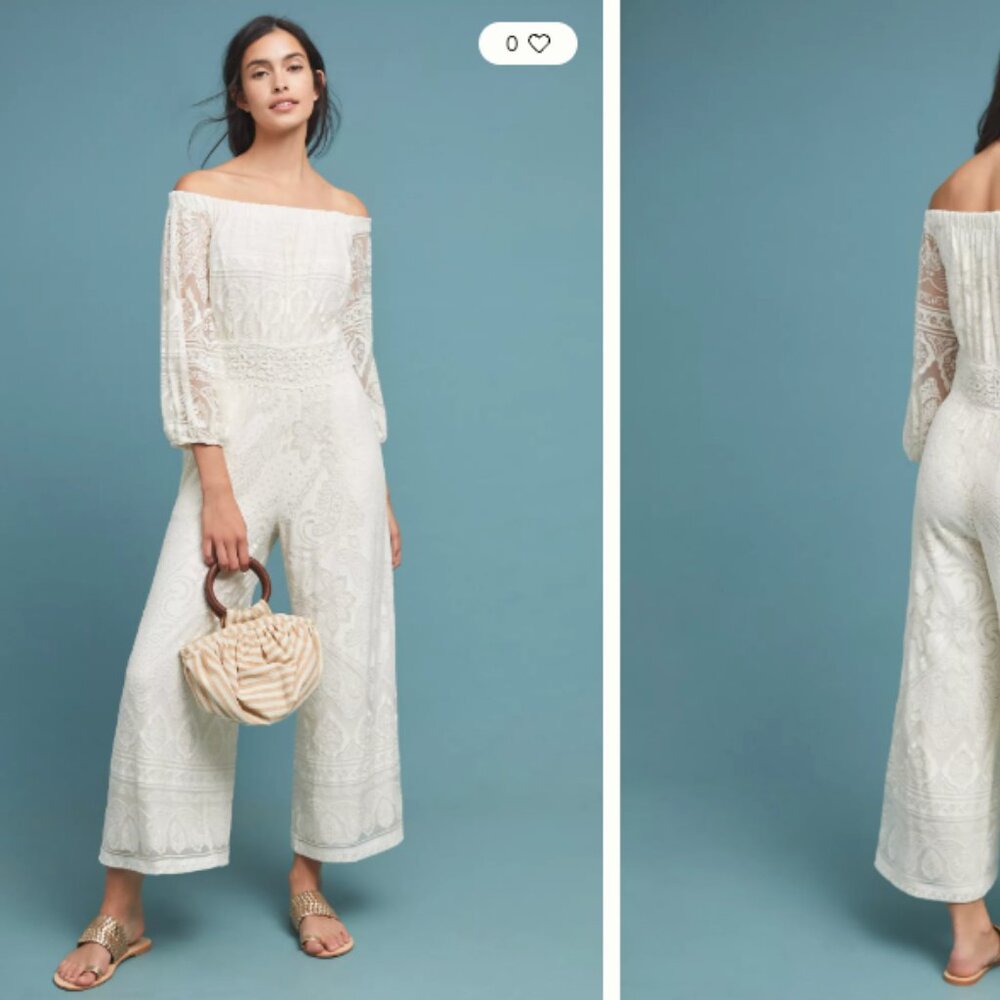 Farm Rio Elliott burnout white sleeve off shoulder wide leg jumpsuit, Size L